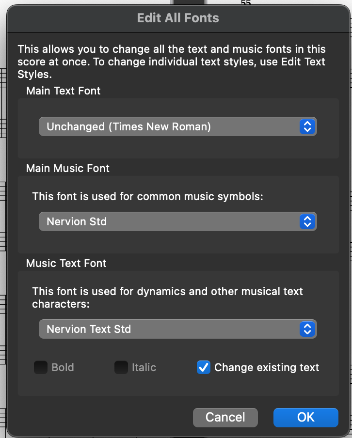 Sibelius Edit All Fonts dialog with Nervión Std and Nervión Text Std selected