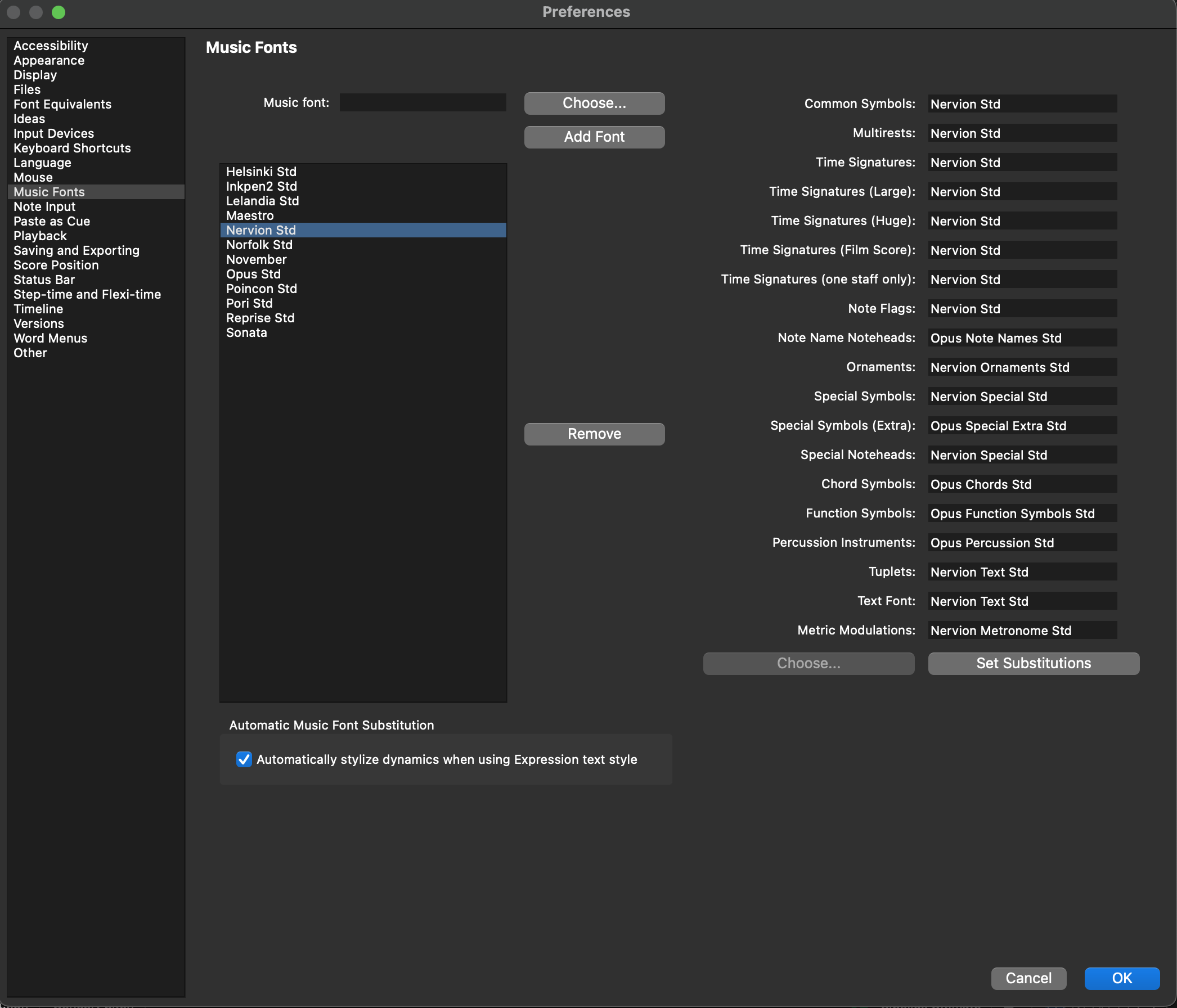 Sibelius Music Fonts preferences with Nervión Std substitution settings