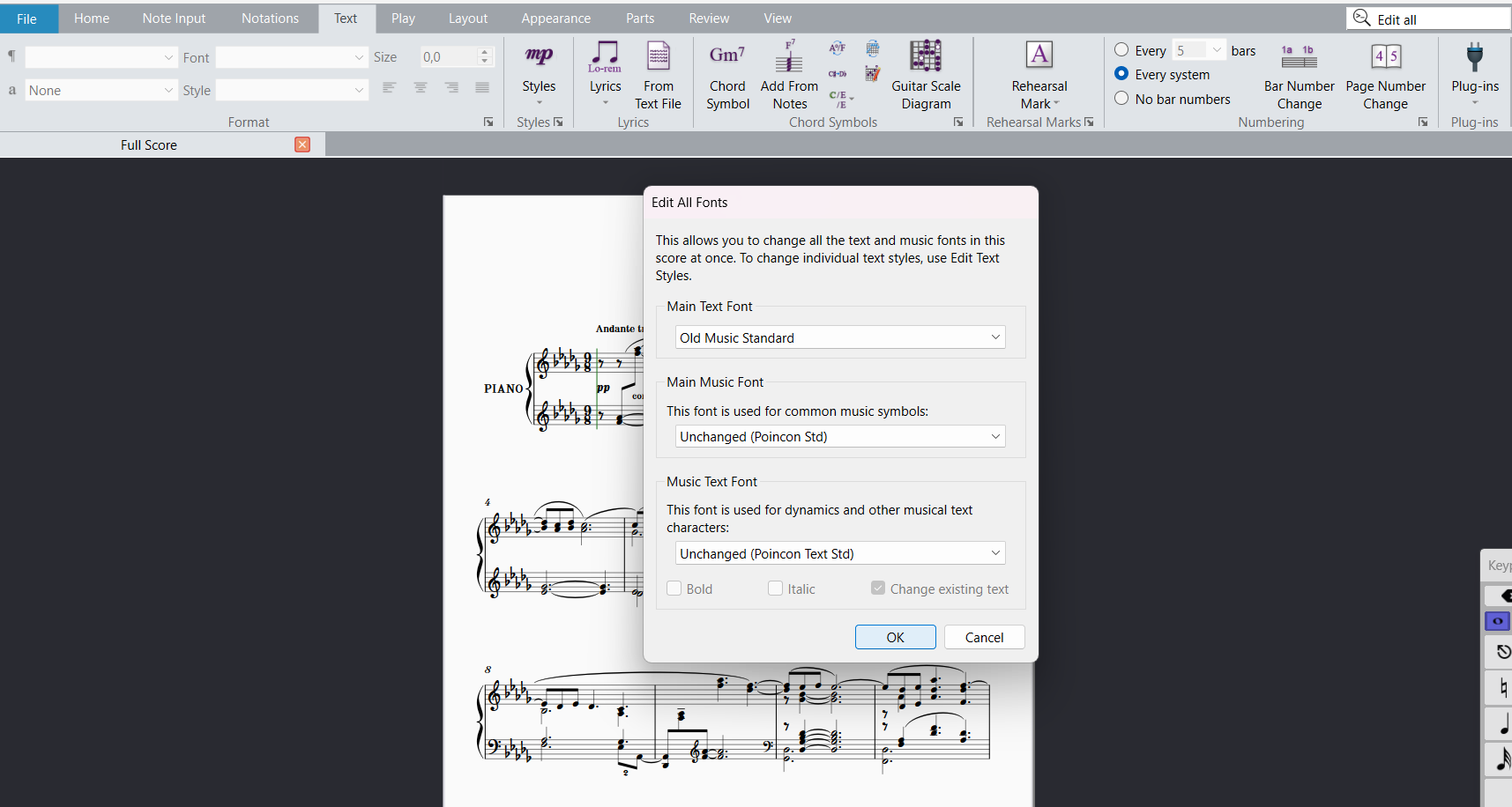 Sibelius Edit All Fonts dialog with Poincon Std and Poincon Text Std selected