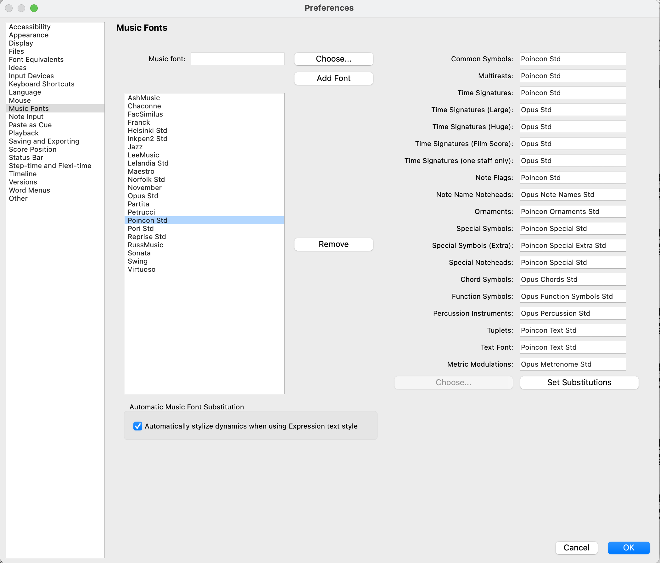 Sibelius Music Fonts preferences with Poincon Std substitution settings